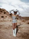 White Diamond Western Glam Festival Set, White Diva Cowgirl Costume, Festival Rave CountryGirl Outfit, Four Piece Bachelorette Party Outfit