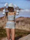 White Diamond Western Glam Festival Set, White Diva Cowgirl Costume, Festival Rave CountryGirl Outfit, Four Piece Bachelorette Party Outfit