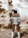 White Diamond Western Glam Festival Set, White Diva Cowgirl Costume, Festival Rave CountryGirl Outfit, Four Piece Bachelorette Party Outfit