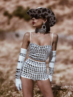 White Diamond Western Glam Festival Set, White Diva Cowgirl Costume, Festival Rave CountryGirl Outfit, Four Piece Bachelorette Party Outfit