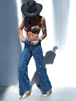 Diamond Fringe Western Flare Jeans, Festival Cowgirl Fringe Denim Pants, Cowboy Flare Fringe Jeans, Disco Rave Fringe Pants