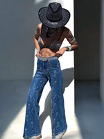 Diamond Fringe Western Flare Jeans, Festival Cowgirl Fringe Denim Pants, Cowboy Flare Fringe Jeans, Disco Rave Fringe Pants