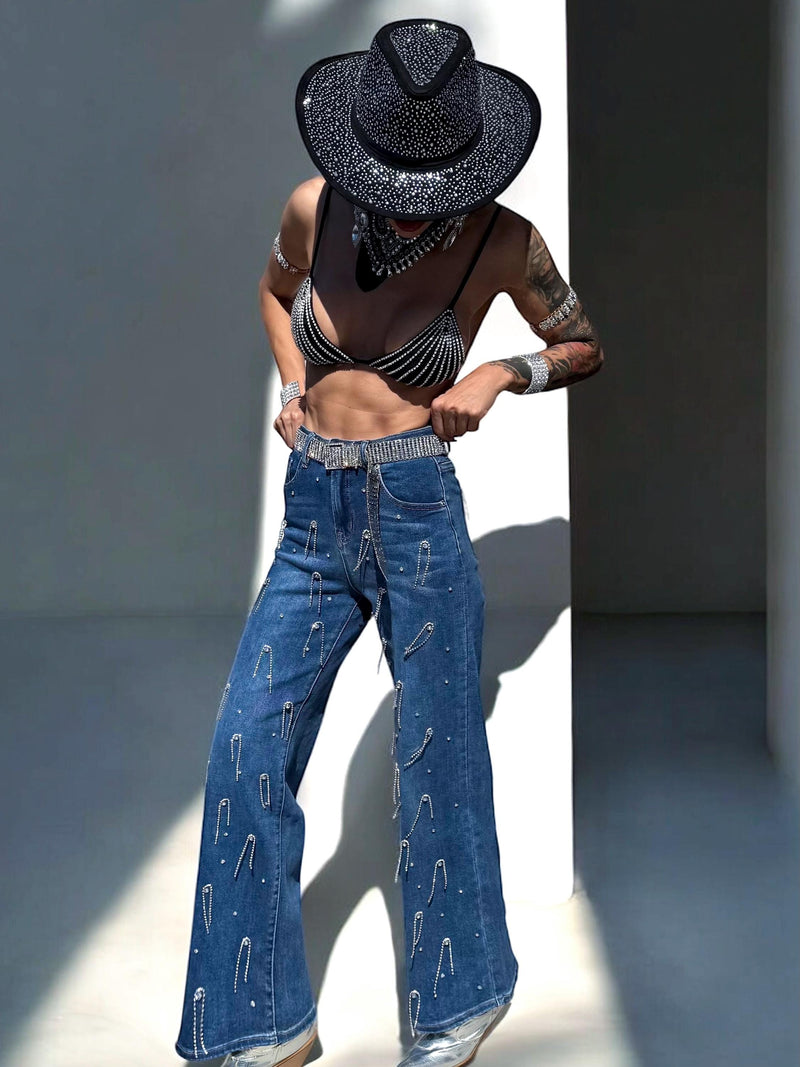 Diamond Fringe Western Flare Jeans, Festival Cowgirl Fringe Denim Pants, Cowboy Flare Fringe Jeans, Disco Rave Fringe Pants