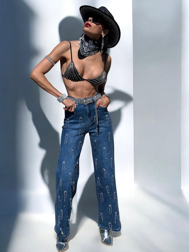 Diamond Fringe Western Flare Jeans, Festival Cowgirl Fringe Denim Pants, Cowboy Flare Fringe Jeans, Disco Rave Fringe Pants