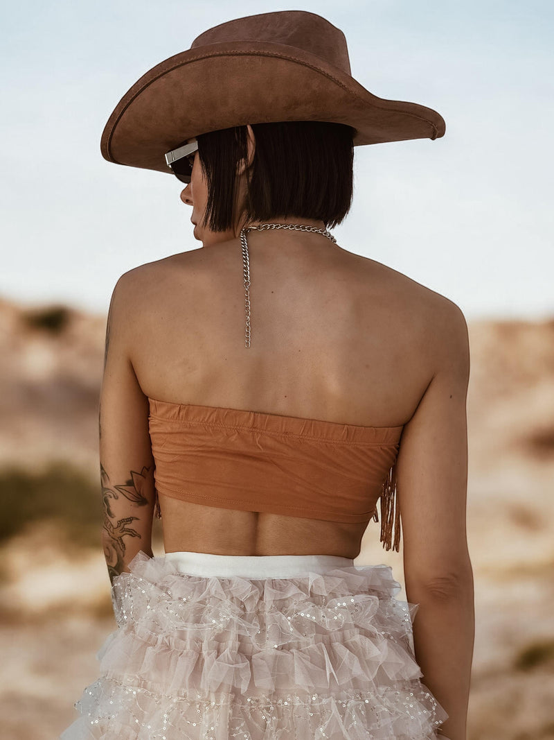Festival Fringe Crop Top, Crocheted Fringe Western Top, Bohemian Festival Outfit Top, Brown Tassel Top, Western Fringe Crop Top
