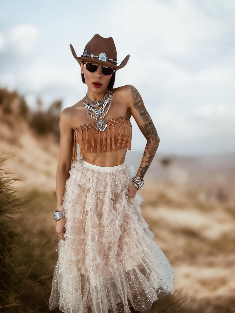 Festival Fringe Crop Top, Crocheted Fringe Western Top, Bohemian Festival Outfit Top, Brown Tassel Top, Western Fringe Crop Top
