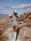 White Diamond Western Glam Festival Set, White Diva Cowgirl Costume, Festival Rave CountryGirl Outfit, Four Piece Bachelorette Party Outfit