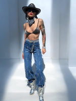 Diamond Fringe Western Flare Jeans, Festival Cowgirl Fringe Denim Pants, Cowboy Flare Fringe Jeans, Disco Rave Fringe Pants