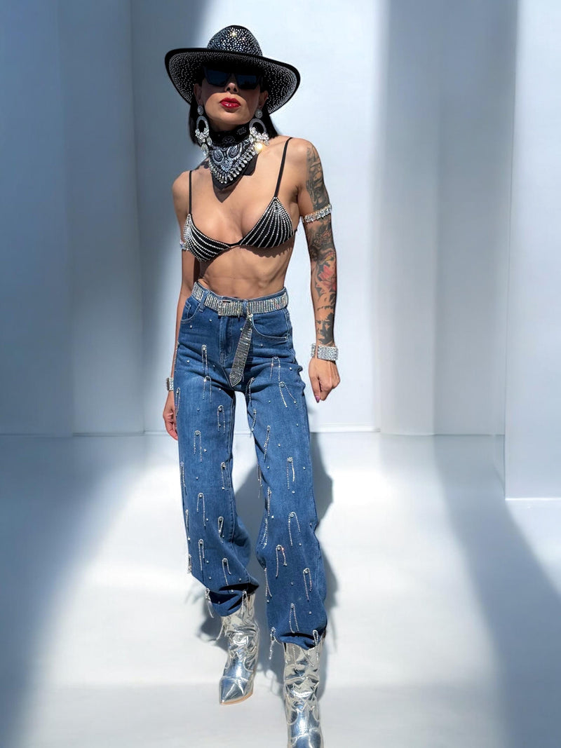 Diamond Fringe Western Flare Jeans, Festival Cowgirl Fringe Denim Pants, Cowboy Flare Fringe Jeans, Disco Rave Fringe Pants