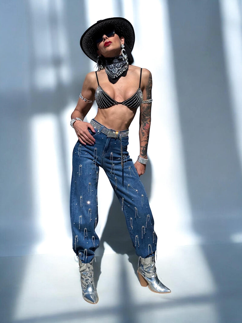 Diamond Fringe Western Flare Jeans, Festival Cowgirl Fringe Denim Pants, Cowboy Flare Fringe Jeans, Disco Rave Fringe Pants