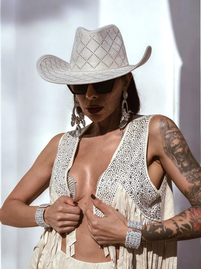 Rhinestone Diamond Beige Cowboy Hat, Western Glam Cowboy Hat, Diamond Embellished Festival Hat, Bling Shiny Cowgirl Hat, Bachelorette Hat