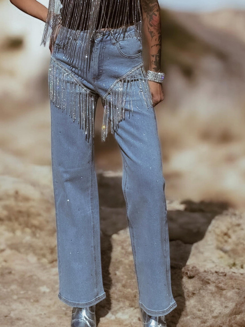 Chaps Look Fringe Western Jeans, Rhinestone Fringe Denim Cowgirl Pants, Festival Chaps, Country Western Cowgirl Denim, Western Glam Pants