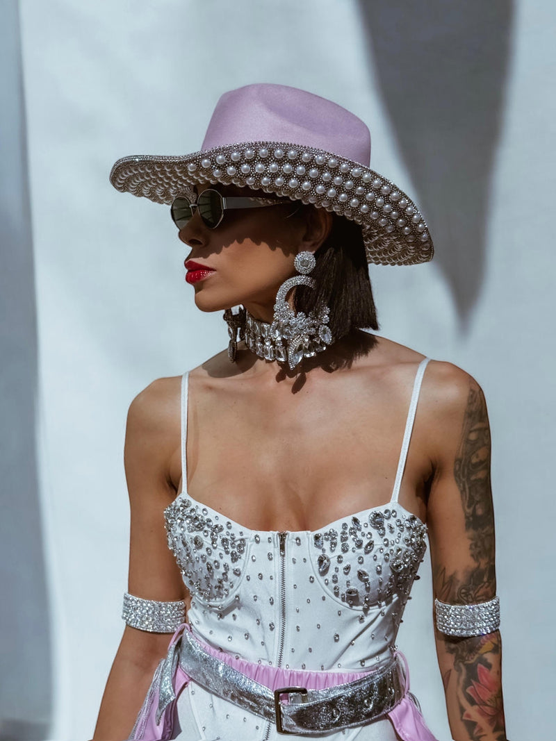Pink Rhinestone Diamond Cowboy Hat, Western Glam Cowboy Hat, Pearl Embellished Festival Hat, Bling Shiny Cowgirl Hat, Pink Bachelorette Hat