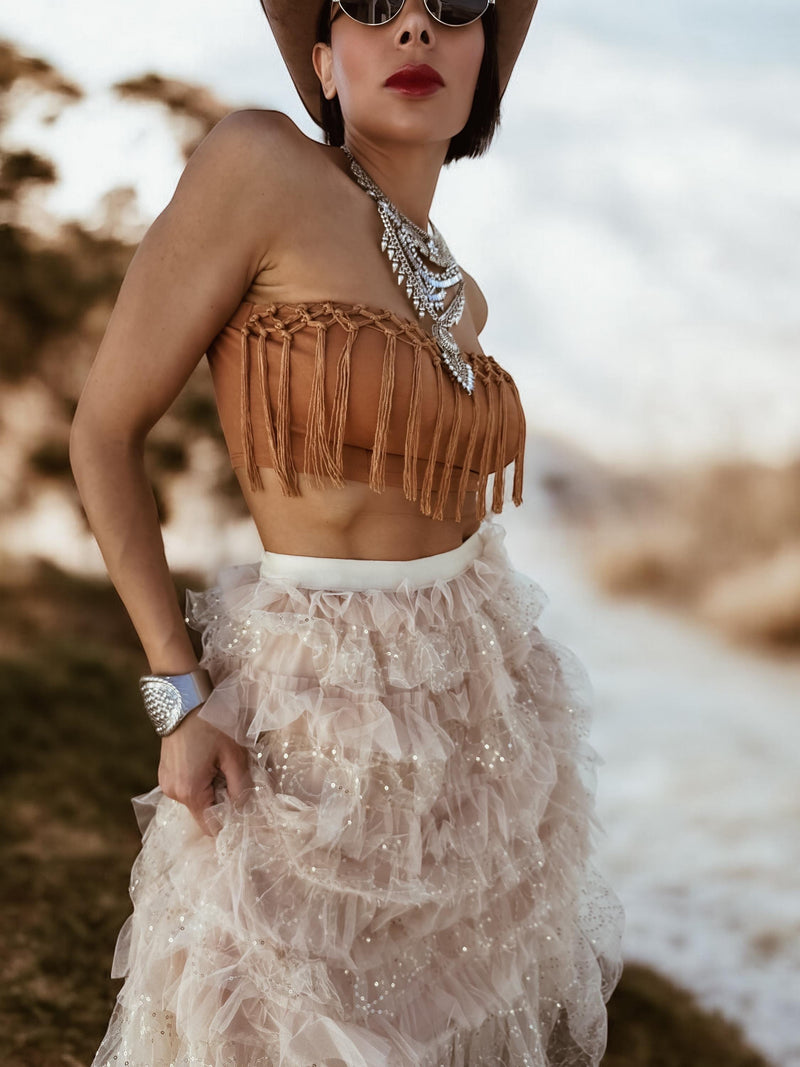 Festival Fringe Crop Top, Crocheted Fringe Western Top, Bohemian Festival Outfit Top, Brown Tassel Top, Western Fringe Crop Top