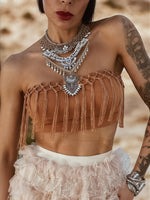 Festival Fringe Crop Top, Crocheted Fringe Western Top, Bohemian Festival Outfit Top, Brown Tassel Top, Western Fringe Crop Top