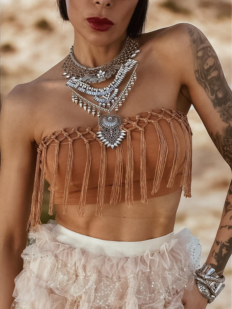 Festival Fringe Crop Top, Crocheted Fringe Western Top, Bohemian Festival Outfit Top, Brown Tassel Top, Western Fringe Crop Top
