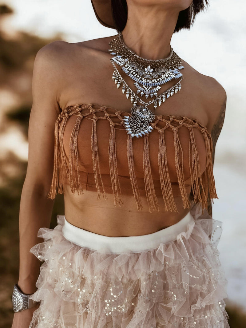 Festival Fringe Crop Top, Crocheted Fringe Western Top, Bohemian Festival Outfit Top, Brown Tassel Top, Western Fringe Crop Top