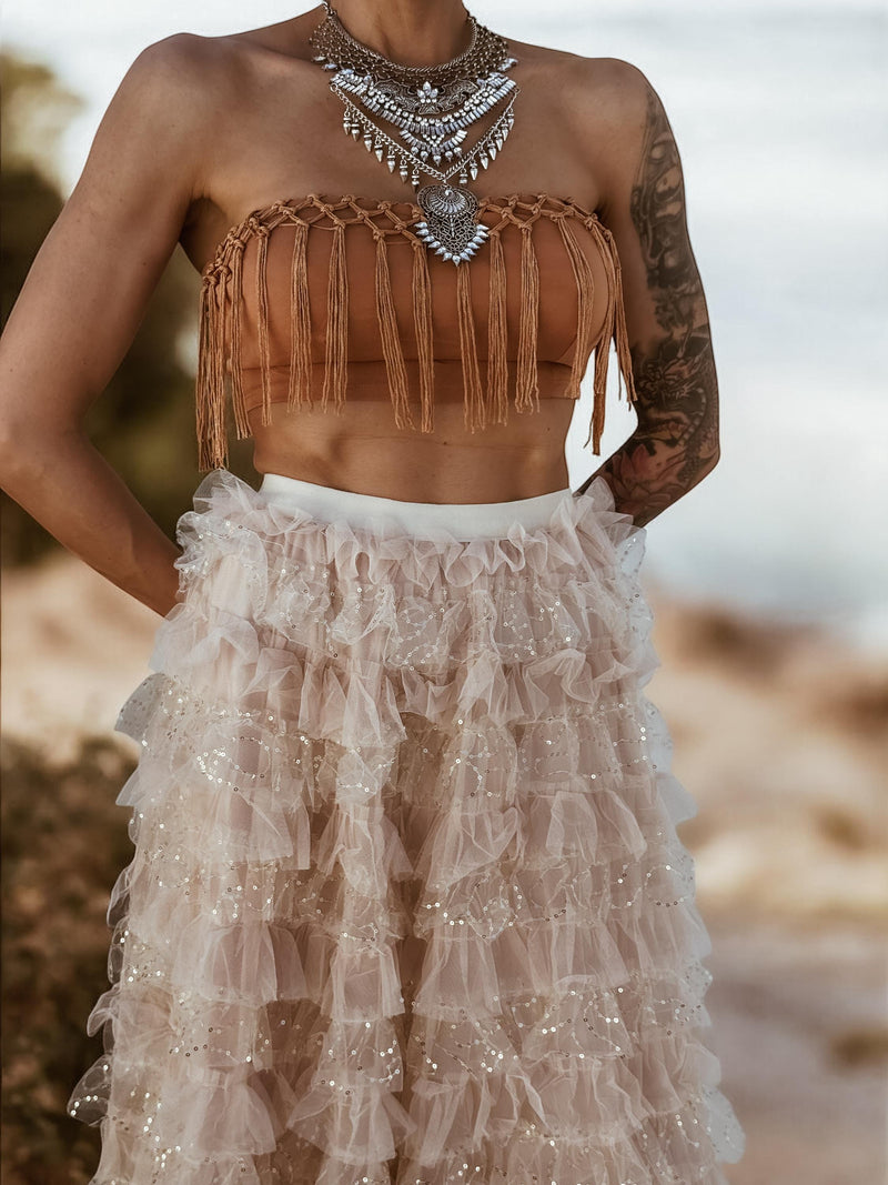 Festival Fringe Crop Top, Crocheted Fringe Western Top, Bohemian Festival Outfit Top, Brown Tassel Top, Western Fringe Crop Top
