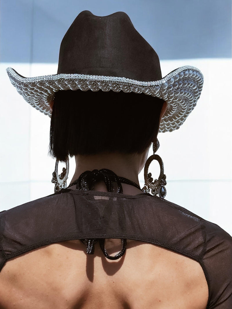 Black Rhinestone Diamond Cowboy Hat, Western Glam Cowboy Hat, Pearl Embellished Festival Hat, Bling Shiny Cowgirl Hat, Bachelorette Hat