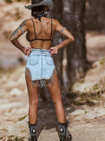 Diamond Rhinestone Western Fringe Denim Skirt, Western Glam Cowgirl Skirt, Tassel Denim Mini Skirt, Bachelorette Party Outfit Skirt