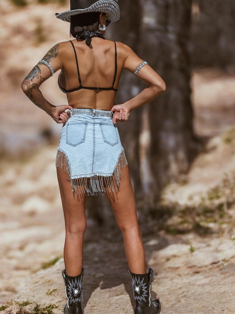 Diamond Rhinestone Western Fringe Denim Skirt, Western Glam Cowgirl Skirt, Tassel Denim Mini Skirt, Bachelorette Party Outfit Skirt