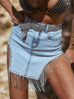 Diamond Rhinestone Western Fringe Denim Skirt, Western Glam Cowgirl Skirt, Tassel Denim Mini Skirt, Bachelorette Party Outfit Skirt