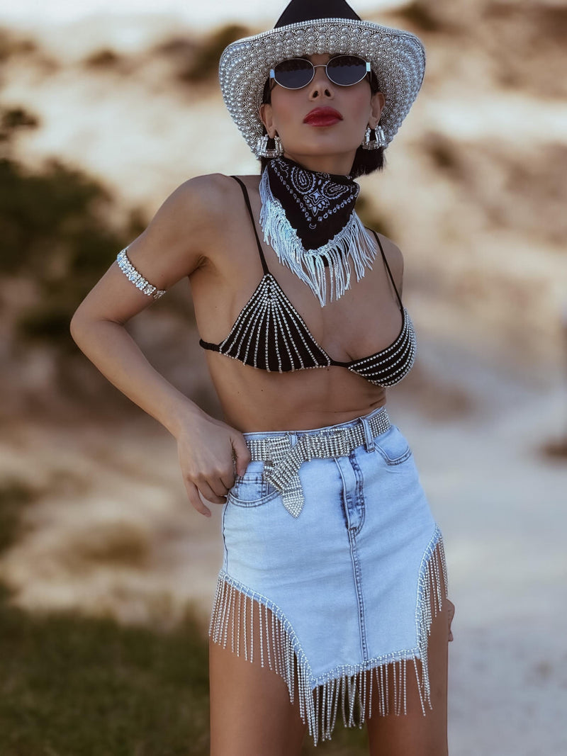 Diamond Fringe Black Festival Mask Bandana, Sequin Fringe Bandana, Paisley Cowgirl Costume Mask, Fringe Western Necklace