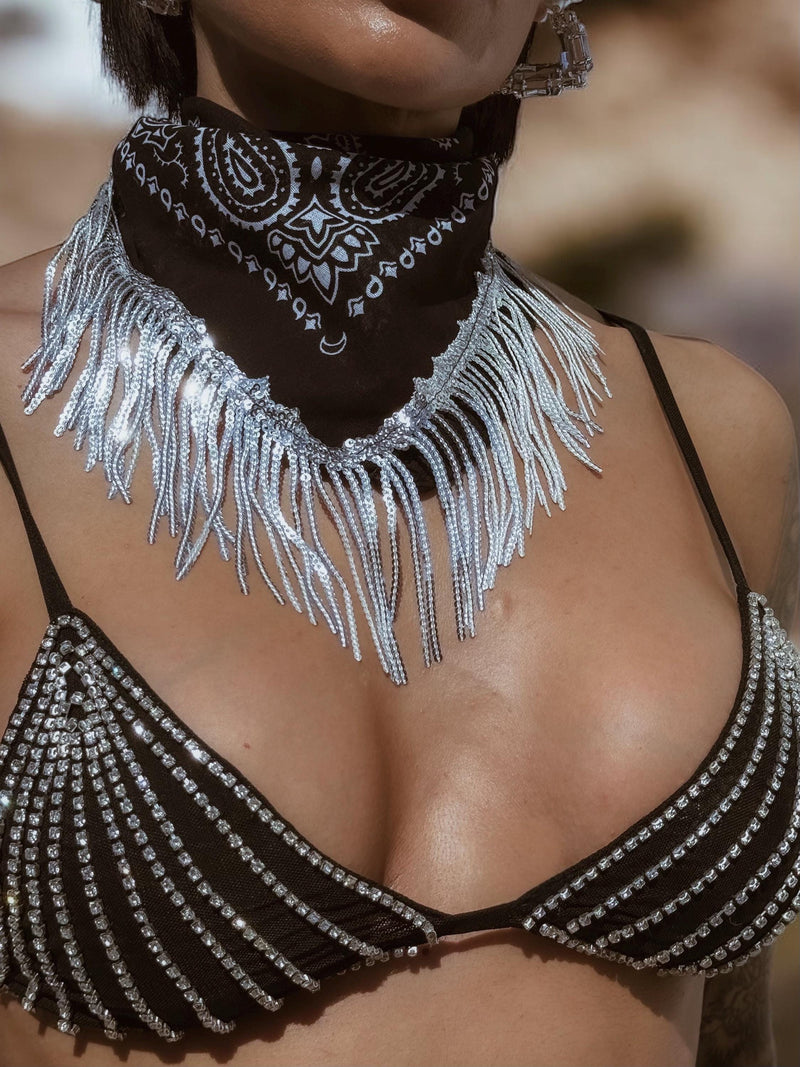 Diamond Fringe Black Festival Mask Bandana, Sequin Fringe Bandana, Paisley Cowgirl Costume Mask, Fringe Western Necklace