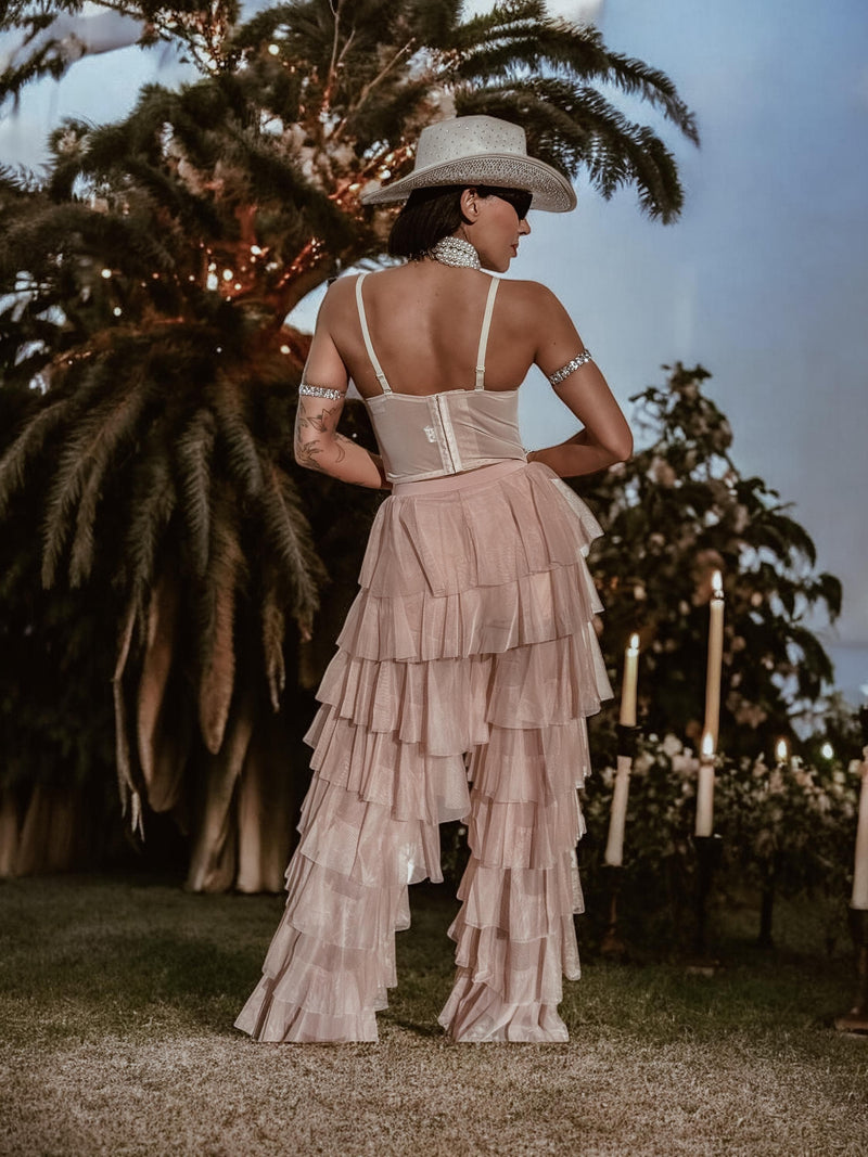 Nude Bridal Tulle Pants, Layered Tutu Pants, Fringe Festival Cowgirl Pants, Country Rave Western Hippie70 Costume Pants, Ruffle Pants