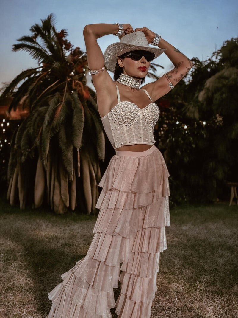 Nude Bridal Tulle Pants, Layered Tutu Pants, Fringe Festival Cowgirl Pants, Country Rave Western Hippie70 Costume Pants, Ruffle Pants