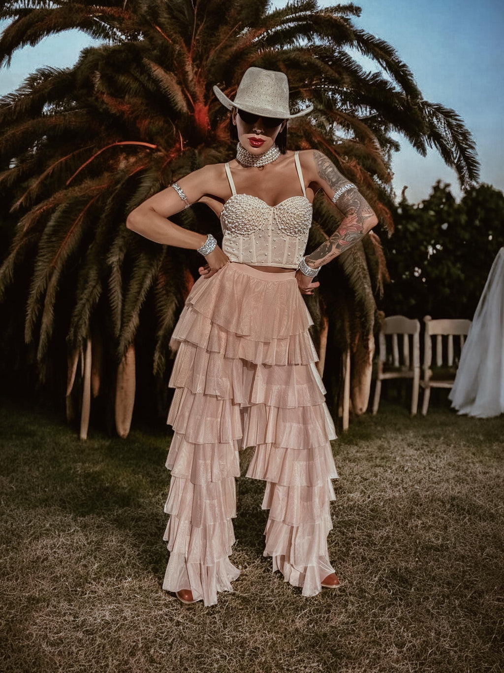 Nude Bridal Tulle Pants, Layered Tutu Pants, Fringe Festival Cowgirl Pants, Country Rave Western Hippie70 Costume Pants, Ruffle Pants