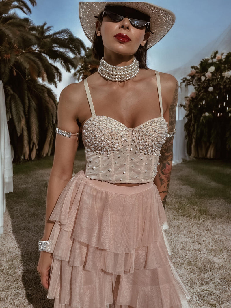 Nude Pearl Embellished Western Bustier Top, Concert Cowgirl Outfit Top Gypsy Tale Nude Pearl Embellished Western Bustier Top, Concert Cowgirl Outfit Top Gypsy Tale