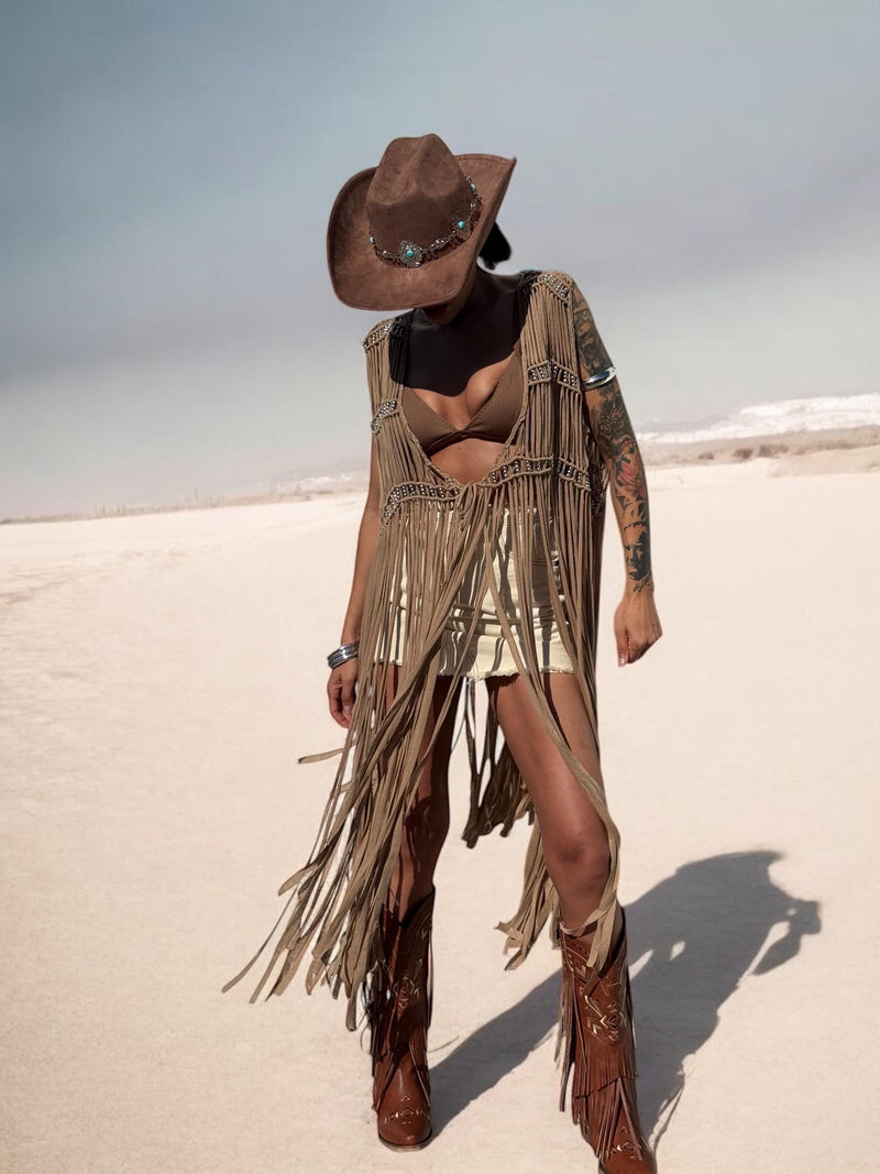 Brown Fringe Macrame Vest, Cowgirl Fringe Jacket, Western Fringe Vest, Country Girl Cowgirl Vest, Barn Wedding Bridal Outfit