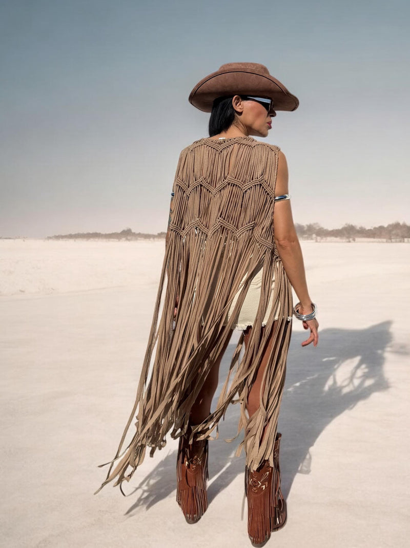 Brown Fringe Macrame Vest, Cowgirl Fringe Jacket, Western Fringe Vest, Country Girl Cowgirl Vest, Barn Wedding Bridal Outfit