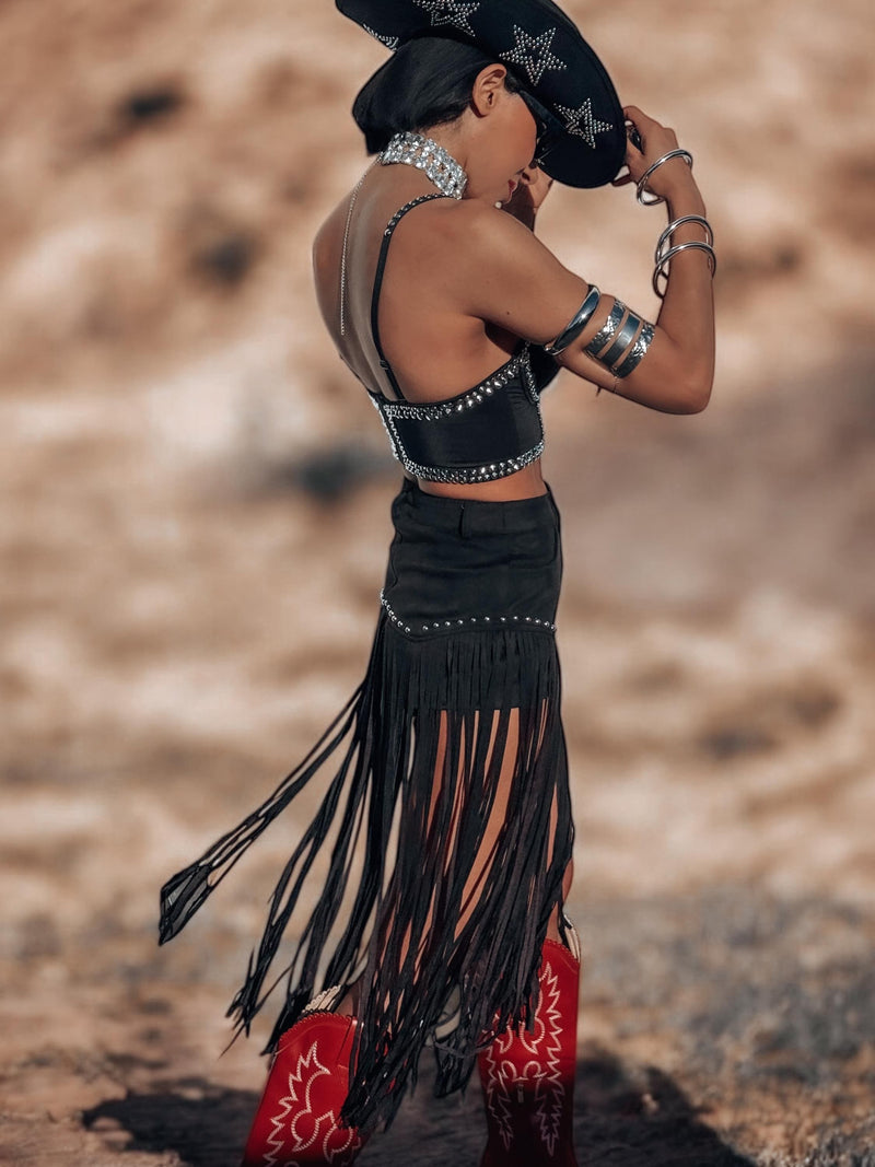 Black Faux Suede Fringe Western Shorts, Chaps Long Fringe Shorts, Festival Shorts, Country Western Cowgirl Outfit, Cowboy Fringe Shorts
