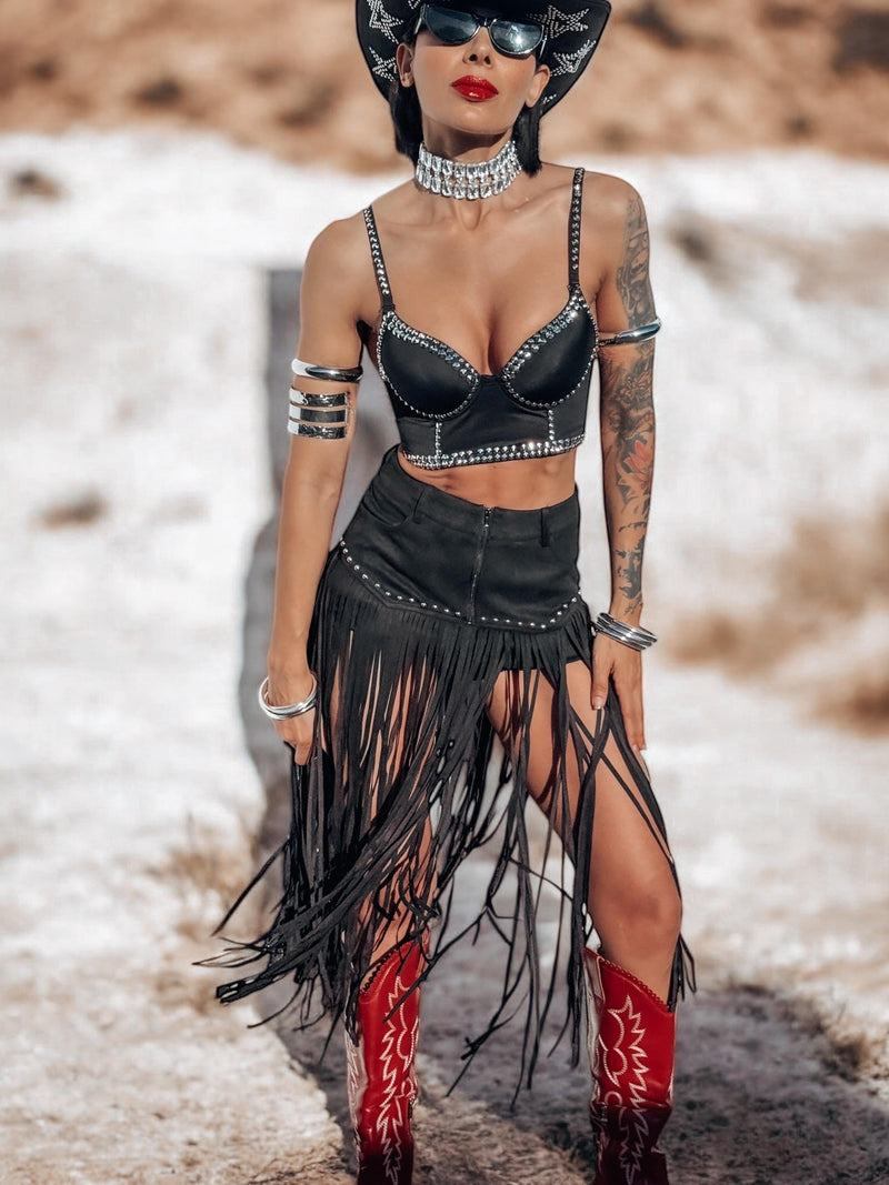Black Faux Suede Fringe Western Shorts, Chaps Long Fringe Shorts, Festival Shorts, Country Western Cowgirl Outfit, Cowboy Fringe Shorts