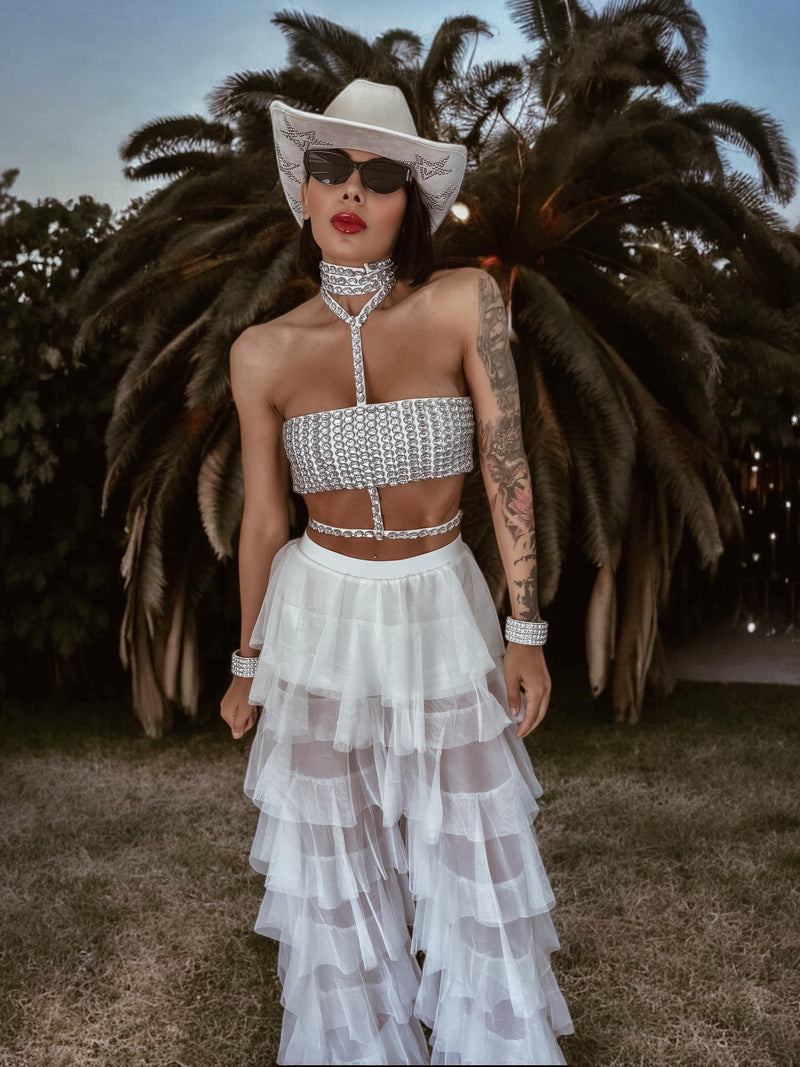 White Diamond Bridal Top, Rhinestone Festival Choker White Top, White Cowgirl Outfit Top, Disco Bachelorette Party Outfit Space Cowboy