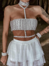 White Diamond Bridal Top, Rhinestone Festival Choker White Top, White Cowgirl Outfit Top, Disco Bachelorette Party Outfit Space Cowboy