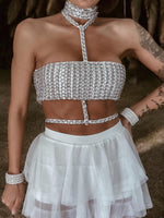 White Diamond Bridal Top, Rhinestone Festival Choker White Top, White Cowgirl Outfit Top, Disco Bachelorette Party Outfit Space Cowboy