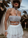 White Diamond Bridal Top, Rhinestone Festival Choker White Top, White Cowgirl Outfit Top, Disco Bachelorette Party Outfit Space Cowboy