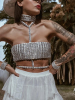 White Diamond Bridal Top, Rhinestone Festival Choker White Top, White Cowgirl Outfit Top, Disco Bachelorette Party Outfit Space Cowboy