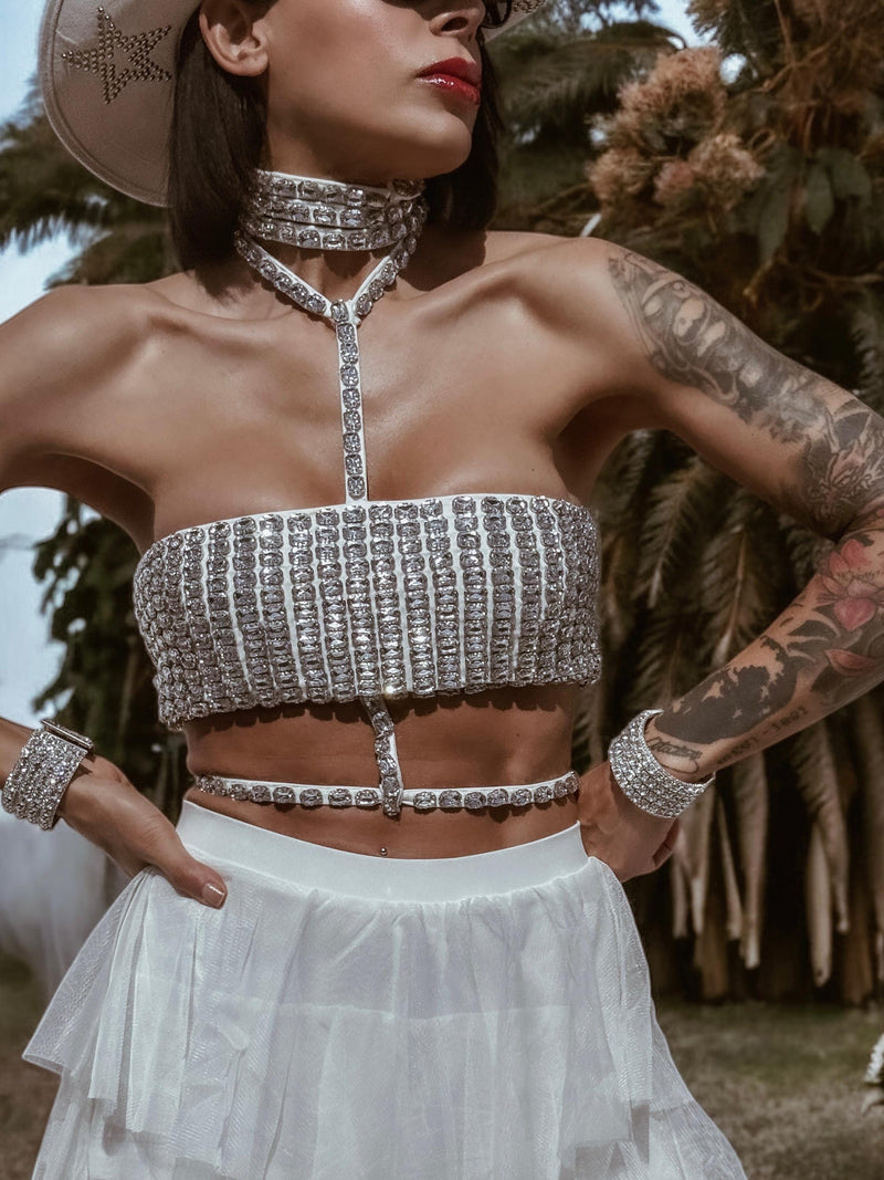 White Diamond Bridal Top, Rhinestone Festival Choker White Top, White Cowgirl Outfit Top, Disco Bachelorette Party Outfit Space Cowboy