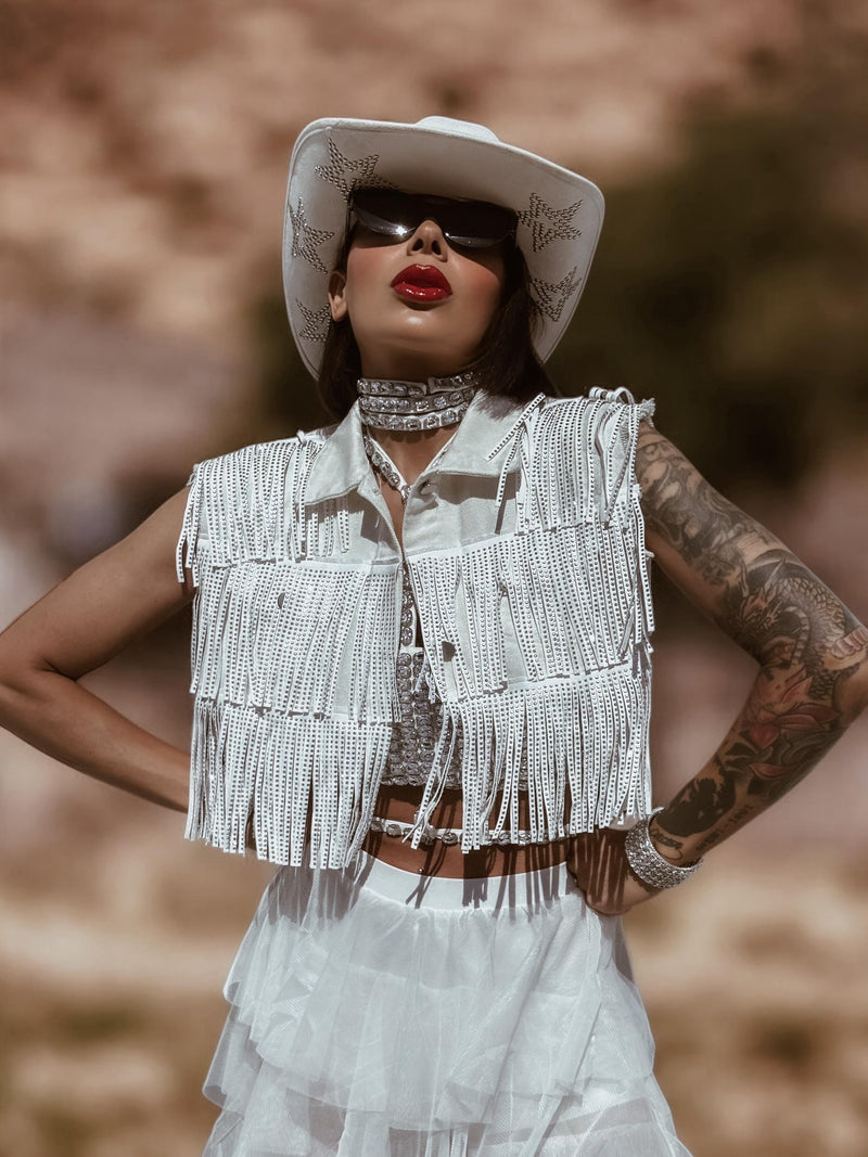 Fringe White Denim Jacket, Rhinestone Fringe Vest, Western Diamond Fringe Jacket, Country Girl Cowgirl Jacket, Barn Wedding Bridal Outfit