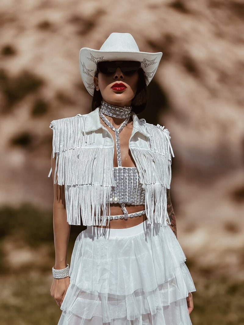 Fringe White Denim Jacket, Rhinestone Fringe Vest, Western Diamond Fringe Jacket, Country Girl Cowgirl Jacket, Barn Wedding Bridal Outfit