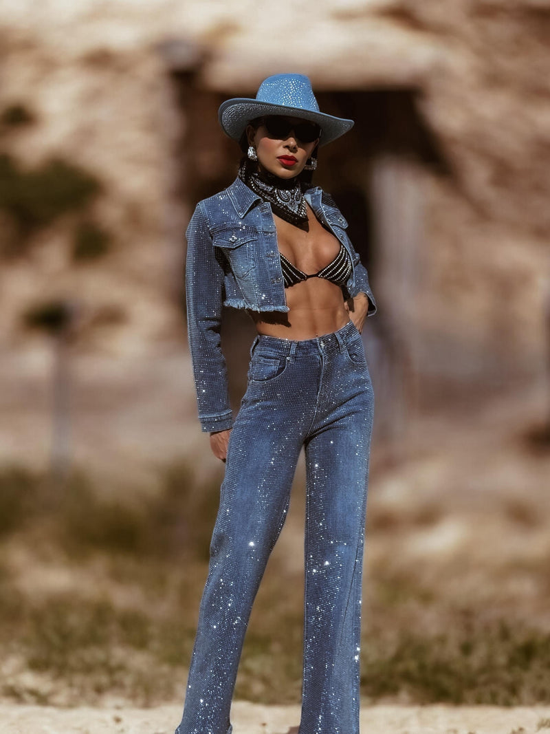 Western Glam Denim Rhinestone Cowgirl Pants and Jacket Set, Diamond Top and Pants Set, Bachelorette Outfit, Bling Cowboy Outfit
