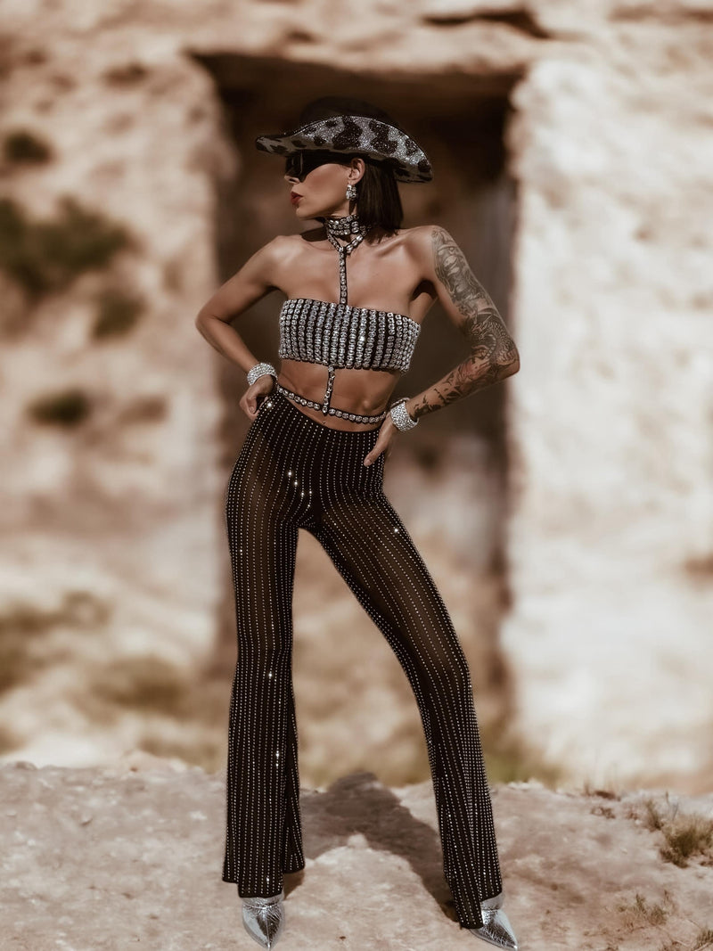 Mesh Diamond Bell Bottom Pants, Rhinestone Cowgirl Pants Crystal Bell Bottom, Festival Pants for Disco Costumes, Cowgirl Cowboy Pants Outfit