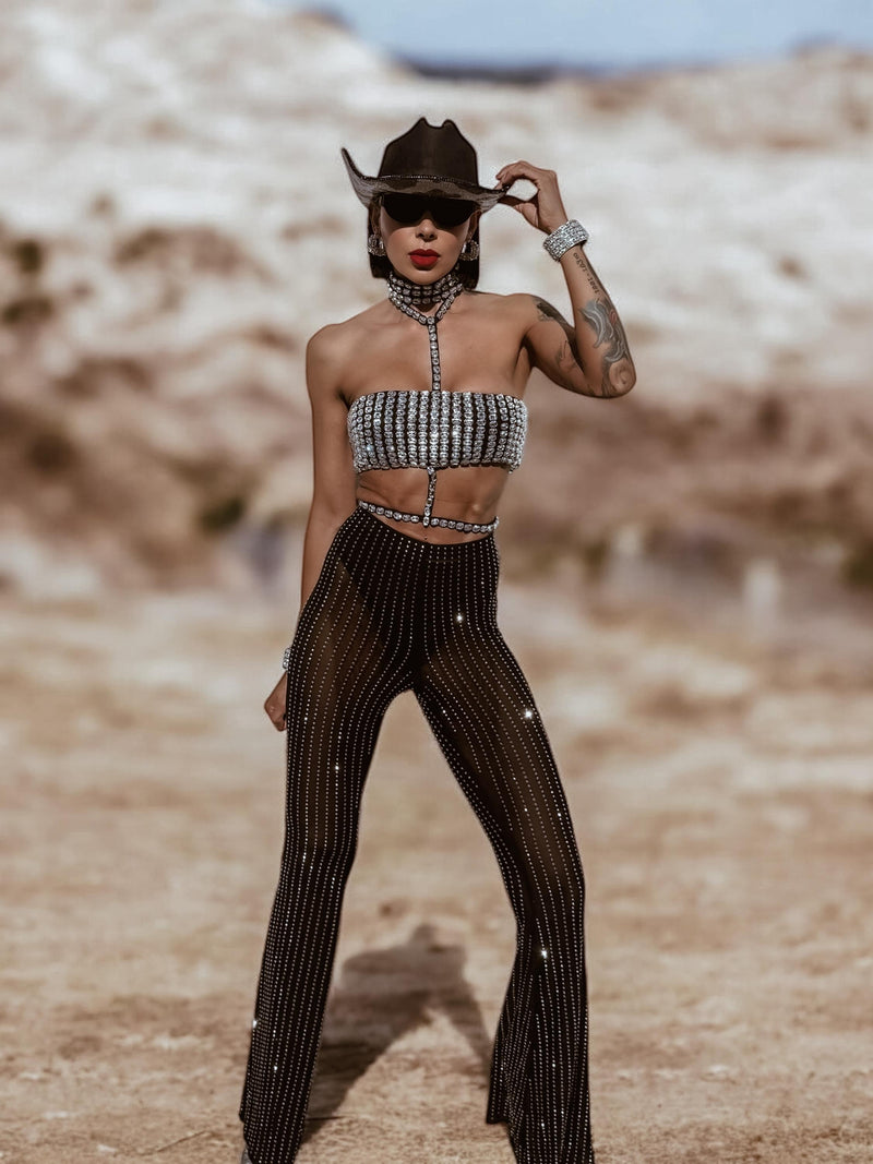 Mesh Diamond Bell Bottom Pants, Rhinestone Cowgirl Pants Crystal Bell Bottom, Festival Pants for Disco Costumes, Cowgirl Cowboy Pants Outfit