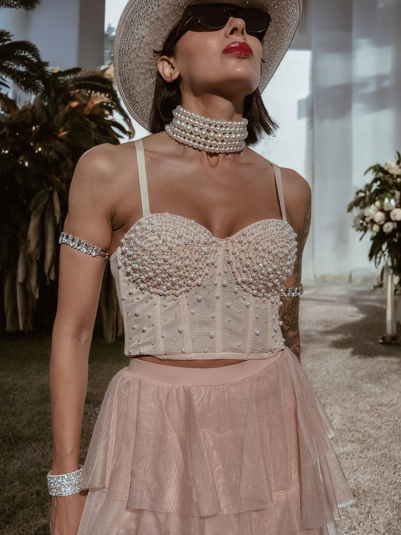 Nude Pearl Embellished Western Bustier Top, Concert Cowgirl Outfit Top, Diamond Corset, Bachelorette Party Outfit, Space Cowboy Costume Top