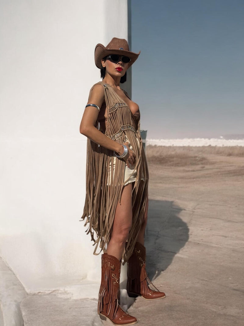 Brown Fringe Macrame Vest, Cowgirl Fringe Jacket, Western Fringe Vest, Country Girl Cowgirl Vest, Barn Wedding Bridal Outfit