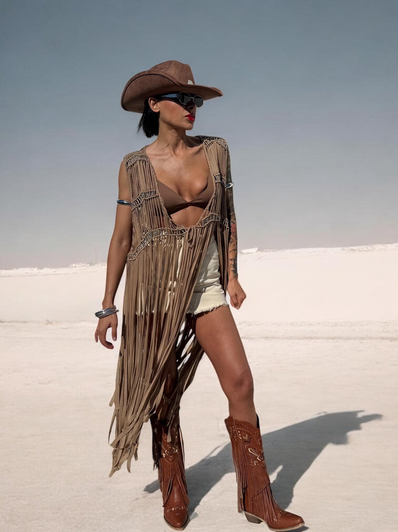 Brown Fringe Macrame Vest, Cowgirl Fringe Jacket, Western Fringe Vest, Country Girl Cowgirl Vest, Barn Wedding Bridal Outfit